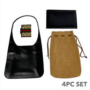 Gucci Italian Designer Leather Purses & Wallet LOT: A collection of four (4) Gucci GG Italian luxury designer leather personal items. Includes: one (1) black leather clutch bag with single exterior side sleeve, dual interior storage sleeve, and fabric