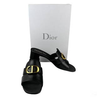 Christian Dior 30 Montaigne Heeled Slides Sz 38.5: A pair of Christian Dior designer ladies heeled slides shoes, in the 30 Montaigne design. Crafted from black calfskin, with polished bras DD from embellishments. NEW with box. Marked size 38.5 (Europe