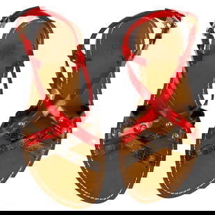 Louis Vuitton Carimbo Patent Leather Sandals Sz 38: A pair of Louis Vuitton Italian designer fine flat ladies sandals. Crafted from red patent leather and LV monogram canvas leather straps with gilt stud detail design. With dust bags. Marked size 38 (E