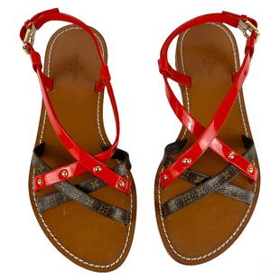 Louis Vuitton Carimbo Patent Leather Sandals Sz 38: A pair of Louis Vuitton Italian designer fine flat ladies sandals. Crafted from red patent leather and LV monogram canvas leather straps with gilt stud detail design. With dust bags. Marked size 38 (E