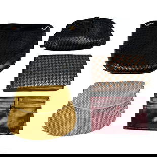 Bottega Veneta Italian Designer Purses ESTATE LOT: A collection of five (5) Italian luxury designer ladies purse handbags by Bottega Veneta (Italy). Includes: one (1) black leather handbag with diamond pattern to exterior, snap lock, generous cream su