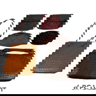 Bottega Veneta Italian Designer Purse 6p ESATE LOT: A collection of six (6) Italian designer ladies luxury purse handbags by Bottega Veneta (Italy). Includes: one (1) black leather handbag with diamond pattern to exterior, fold over flap with snap lock