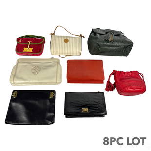 Designer Ladies Fashion Couture Bag & Purse 8p LOT: A collection of eight (8) designer ladies Retro to vintage leather and fabric handbags and purses. Includes: one one (1) Ferragamo Italian black leather handbag purse with dual brass locks to front, l