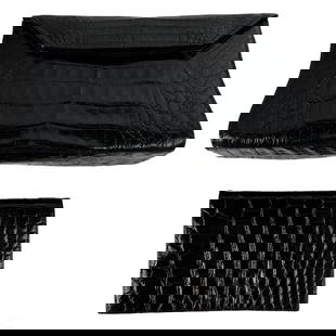 Neiman Marcus Nancy Gonzalez Leather Bag & Wallet: A two (2) piece set featuring a luxury designer ladies genuine crocodile leather handbag and wallet by Nancy Gonzalez (Colombia) for Neiman Marcus. Rich black leather accessories in striking patterns,