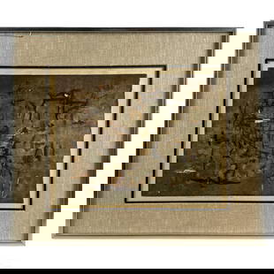 Vladimir Boudnick 1924-1968 Modern Monotype SIGNED: Vladimir Boudnik (Czech,1924-1968). A mixed media magnetic graphic mono print on paper. A modern abstract work in hues of beige, brown, tan, and black. Signed and dated 1962 at bottom center. Artist b