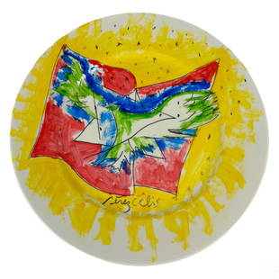 Perez Celis 1939-2008 Pottery Plate w/ Book SIGNED: Perez Celis (Argentine, 1939-2008). An original mixed media ink and acrylic painting on a white porcelain plate. An abstract work in yellow, red, blue, and green, with black outlines, resembling a bir