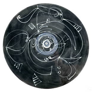 Cuban Abstract Pottery Charger after Zilia Sanchez: A glazed porcelain art pottery charger in the style of Zilia Sanchez (Cuban, born 1928). A hand painted Modernist design in the Lyrical Abstraction style, featuring expressive white lines over a black