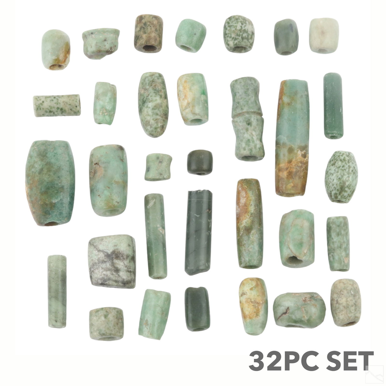 Pre Columbian Hand Carved Green Jade Beads 32p LOT (1 of 4)