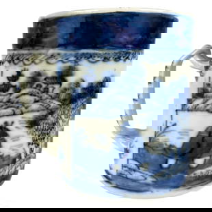 Chinese Blue & White Porcelain Seascape Mug Vessel: A Chinese blue and white porcelain mug cup. Cylindrical body with white ground decorated with encircling blue river landscape scene depicting trees, bridges, villas, and other architectural elements,