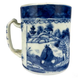 Chinese Blue & White Porcelain Seascape Mug Vessel: A Chinese blue and white porcelain mug cup. Cylindrical body with white ground decorated with encircling blue river landscape scene depicting trees, bridges, villas, and other architectural elements,