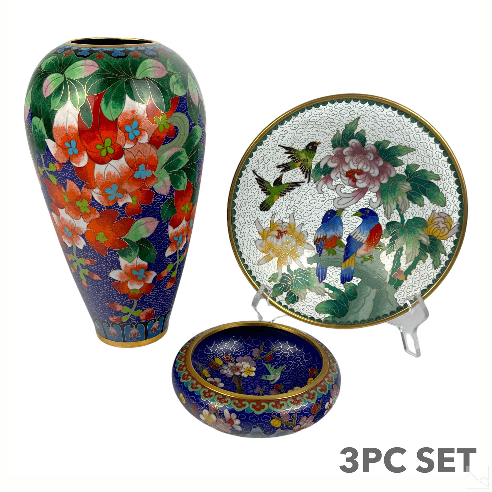 Chinese Cloisonne Enamel Vase Bowl & Plate 3pc LOT (1 of 7)