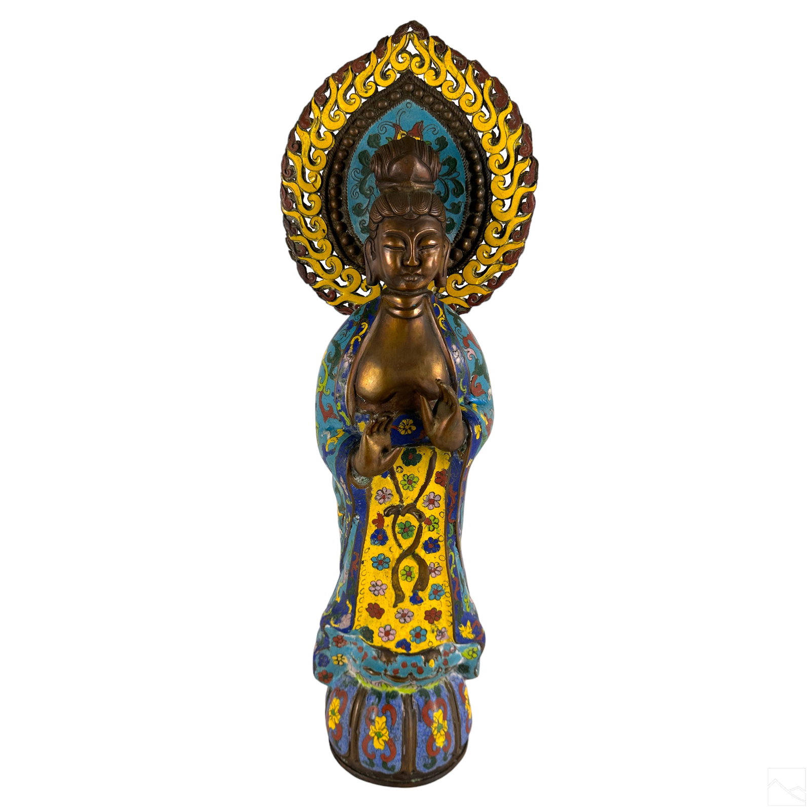 Chinese Tibetan Cloisonne Buddha Sakyamuni Statue: An antique Tibetan Chinese cloisonne sculpture. A religious figural work depicting Buddha (Chinese: Sakyamuni) with hands raised in mudra blessing positions, surrounded by a colorful flaming nimbus. A