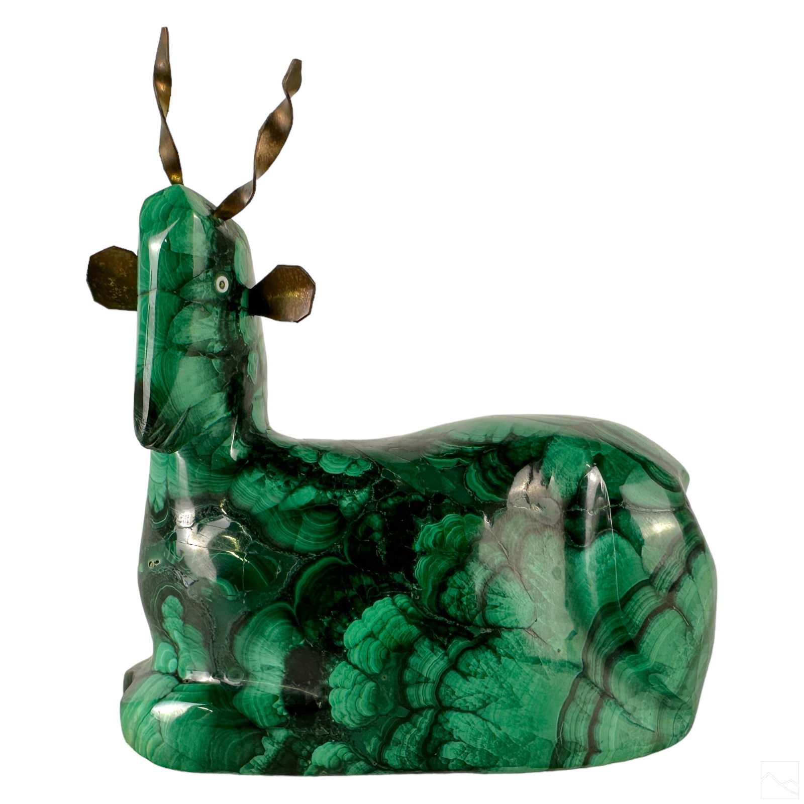 Chinese Green Malachite Recumbent Antelope Statue: A Chinese carved malachite recumbent antelope figurine. Solid finely veined malachite carved into wildlife animal form with brass ears and horns. Deep rich green with patterned black veining. Inset bo