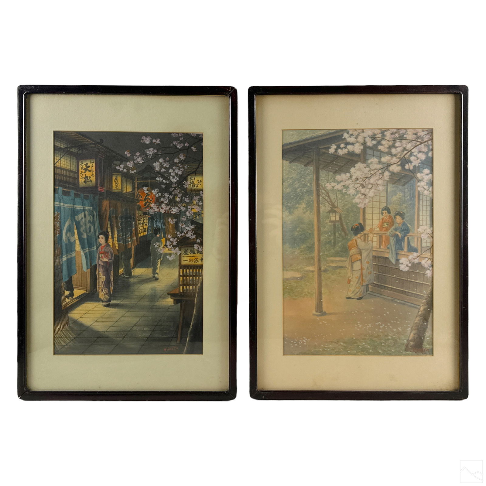 H Saito Japanese Figural Landscape Painting 2p LOT (1 of 7)