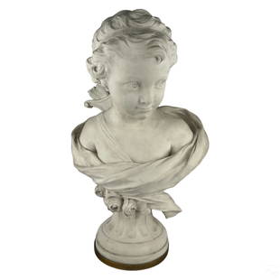 Sevres Agathon Leonard 19C Porcelain Bust of Cupid: An antique Art Nouveau porcelain bust sculpture by French artist Agathon Leonard (also referred to as Leonard Agathon van Weydevelt) (1841-1923). Titled "Cupid". A figural work in white bisque