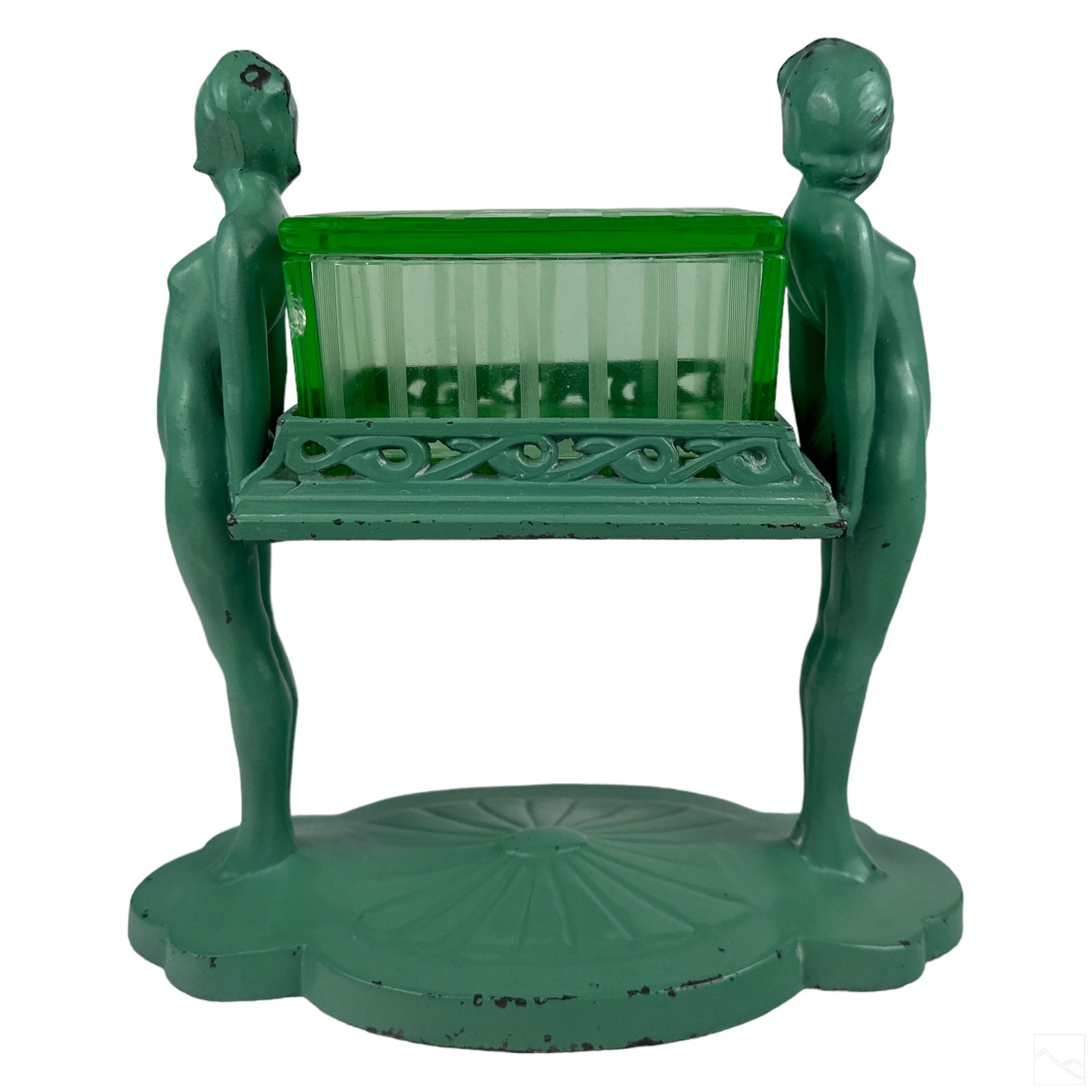 Frankart Art Deco Nude Uranium Glass Cigarette Box: A vintage Art Deco mixed media cigarette box sculpture by Frankart and German American sculptor Arthur von Frankenberg (1889-1950). A figural work in green enameled metal, produced circa 1920s, modele