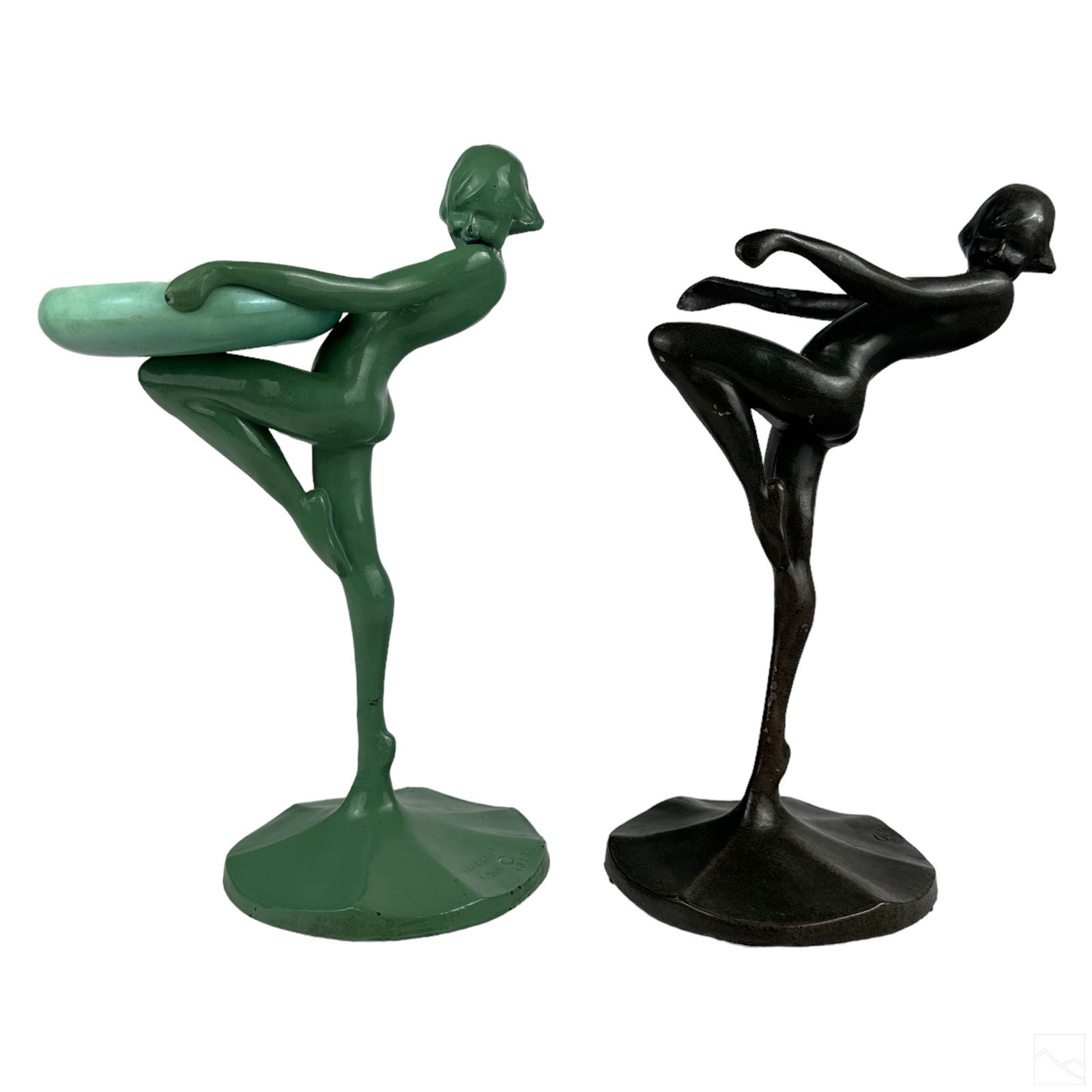 Frankart Art Deco Nude Figural Ashtray Sculptures: A pair of vintage Art Deco mixed media ashtray figurines by Frankart and German American sculptor Arthur von Frankenberg (1889-1950). A duet of figural works, one in green enameled metal, the other me