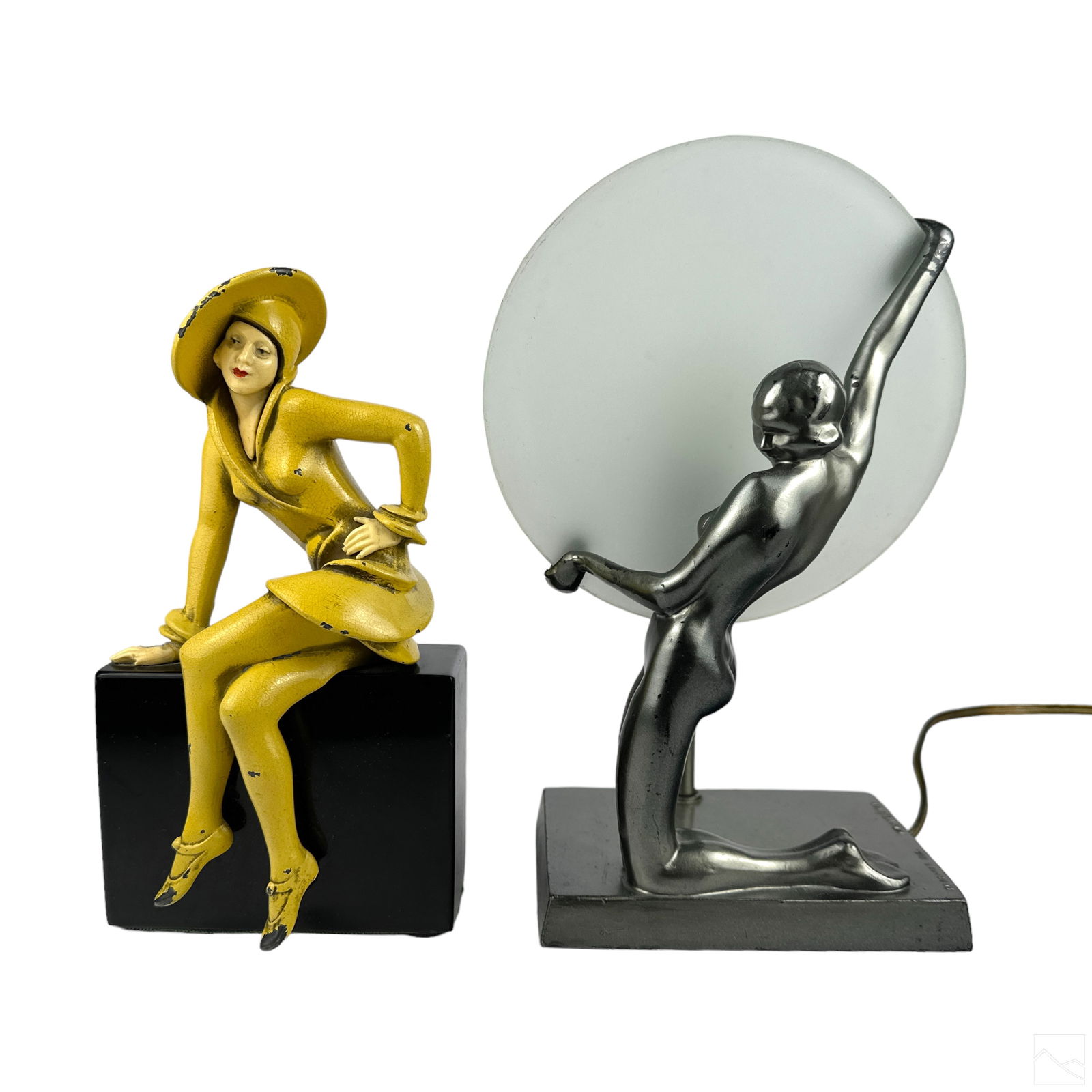Frankart Art Deco Lamp & JB Hirsch Bookend Statue: A vintage Art Deco mixed media desk lamp by Frankart and German American sculptor Arthur von Frankenberg (1889-1950). A striking figural work depicting a a kneeling and smiling nude female figure deco