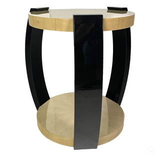 J. Robert Scott Designer Art Deco Style Side Table: A designer accent or side drum table designed for J. Robert Scott (California) by American designer Sally Sirkin Lewis (born 1933). Art Deco style design with double circular shelves produced a in tri