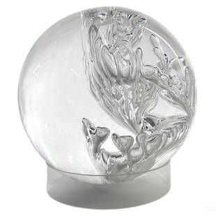 Acrylic Orb Art Sculpture Manner Pierre Giraudon: A Mid 20th Century orb art sculpture. Crafted of clear lucite acrylic. Produced circa 1970s in the style of Pierre Giraudon (1923-2012). A Modernist work in orb form. Resin with bubble inclusions form