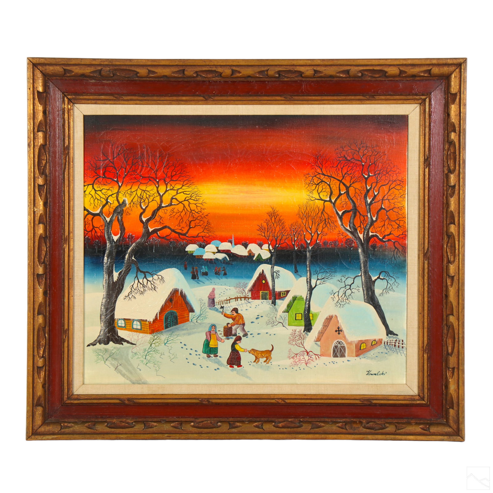 A. Kowalski b.1926 Hungarian Folk Art Oil Painting: A. Kowalski (Hungarian, born 1926). An original oil painting on canvas. A figural winter landscape painted in a folk art style depicting a village scene with figures, houses and other architectural el