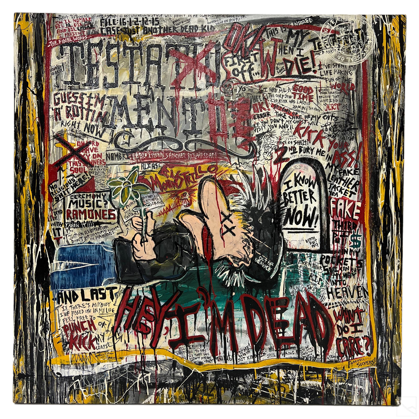 Reylarsdam b.1988 Urban Outsider Graffiti Painting: Pablo Esteban Sanchez Rijlaarsdam (Reylarsdam) (Mexican, born 1988). An original gallery size mixed media painting on canvas. Titled, "Testamento." A colorful work produced in an abstract outsider art