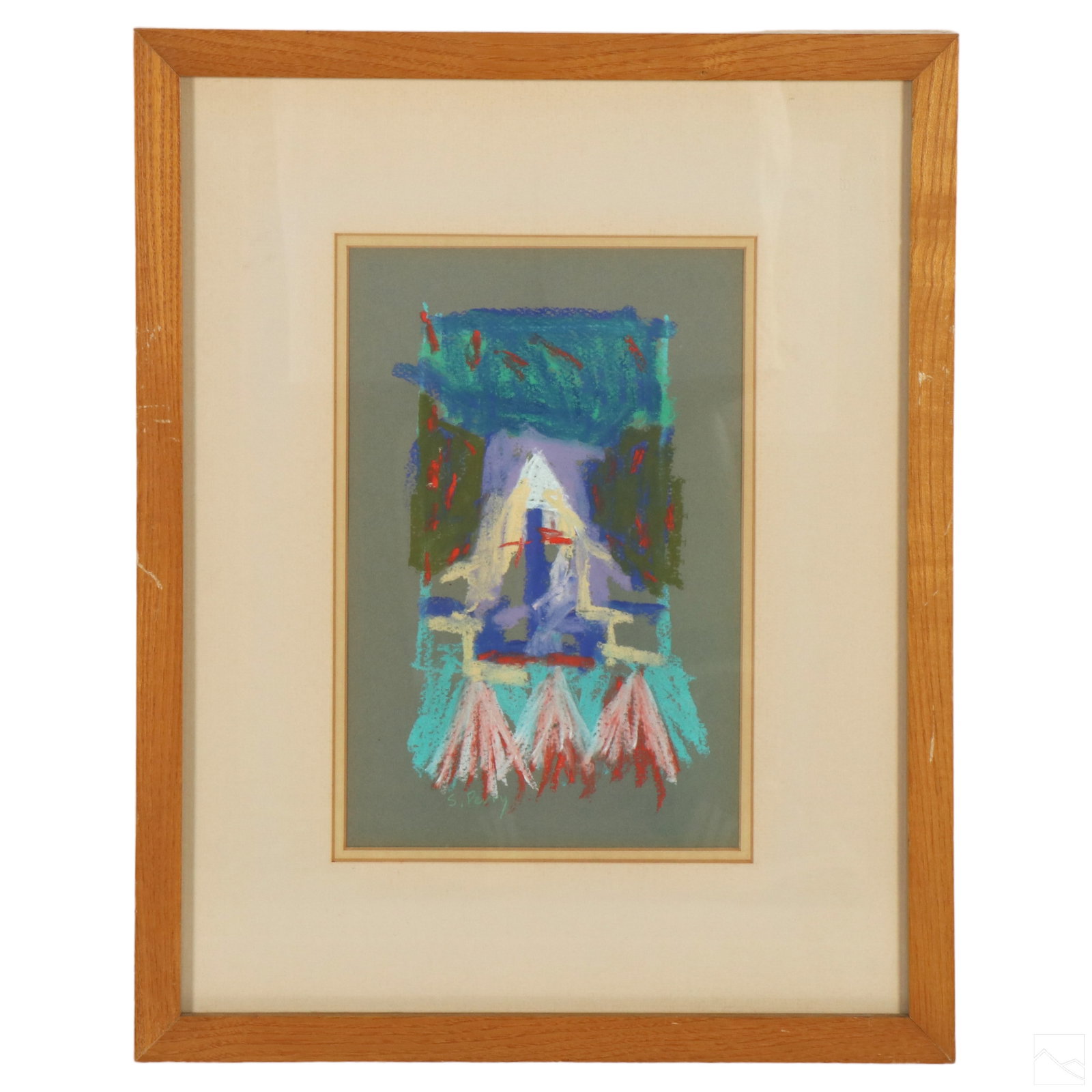 Sam Perry b.1963 Abstract Outsider Pastel Painting: Sam Perry (American, born 1963). Original pastel painting on paper. From the "Norton Courtyard Series." A modern abstract figural work mounted in a wood frame. Signed to lower left S PERRY. Retains or