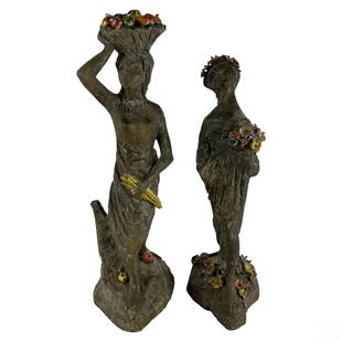 Modernist Italian San Polo Art Pottery Sculptures: A pair of Italian art pottery statues by San Polo and Ceramiche Veneziane (Italy). Postwar Modernist designs, produced circa 1950s in a Brutalist style, depicting abstract female figures with colorful