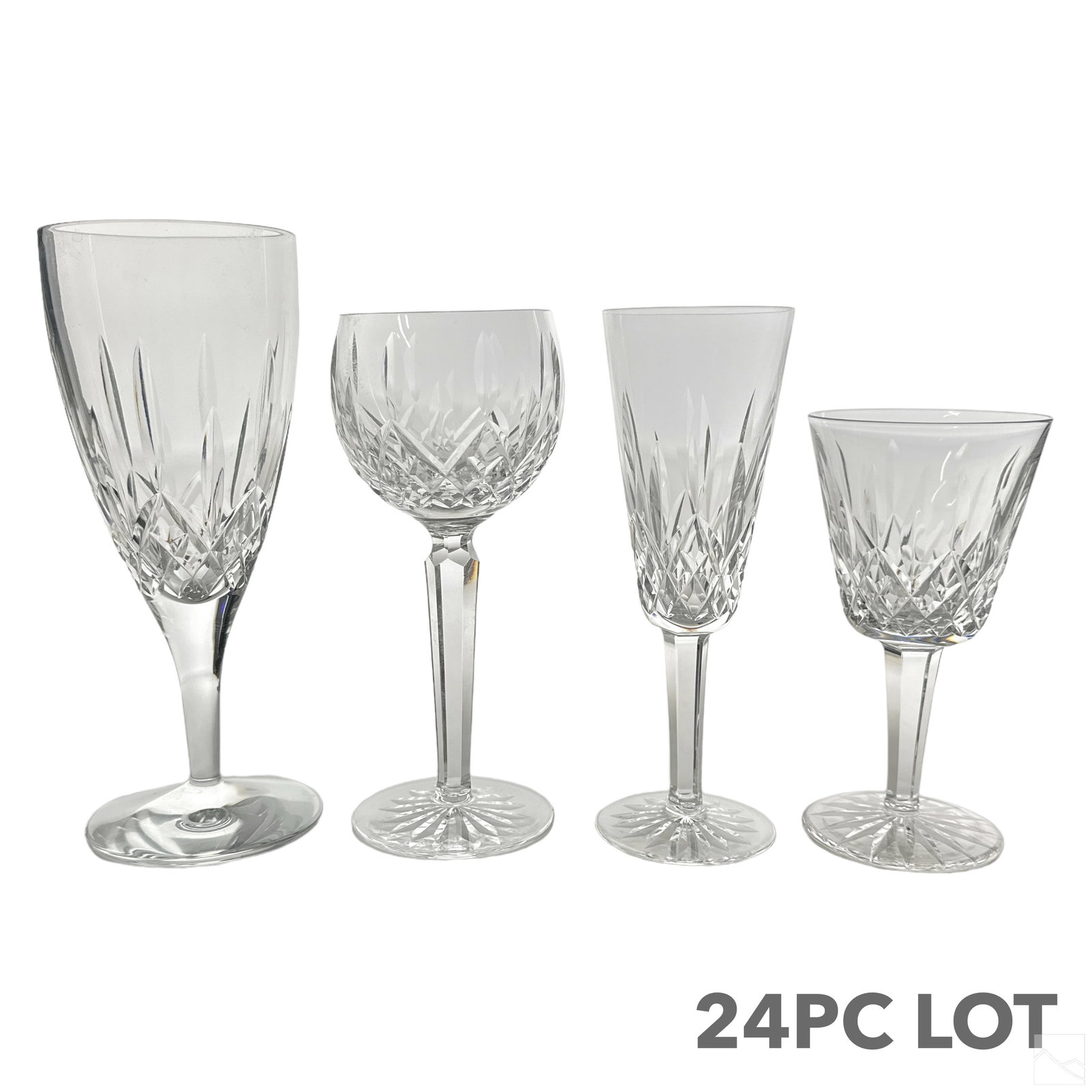 Waterford Irish Crystal Lismore Stemware 24pc. SET: A 24 piece estate collection of Waterford Irish crystal produced in the popular Lismore pattern. Includes: two (2) tall fluted champagne glasses (8.25" x 3.25" x 3.25"); three (3) hock wine stemware g