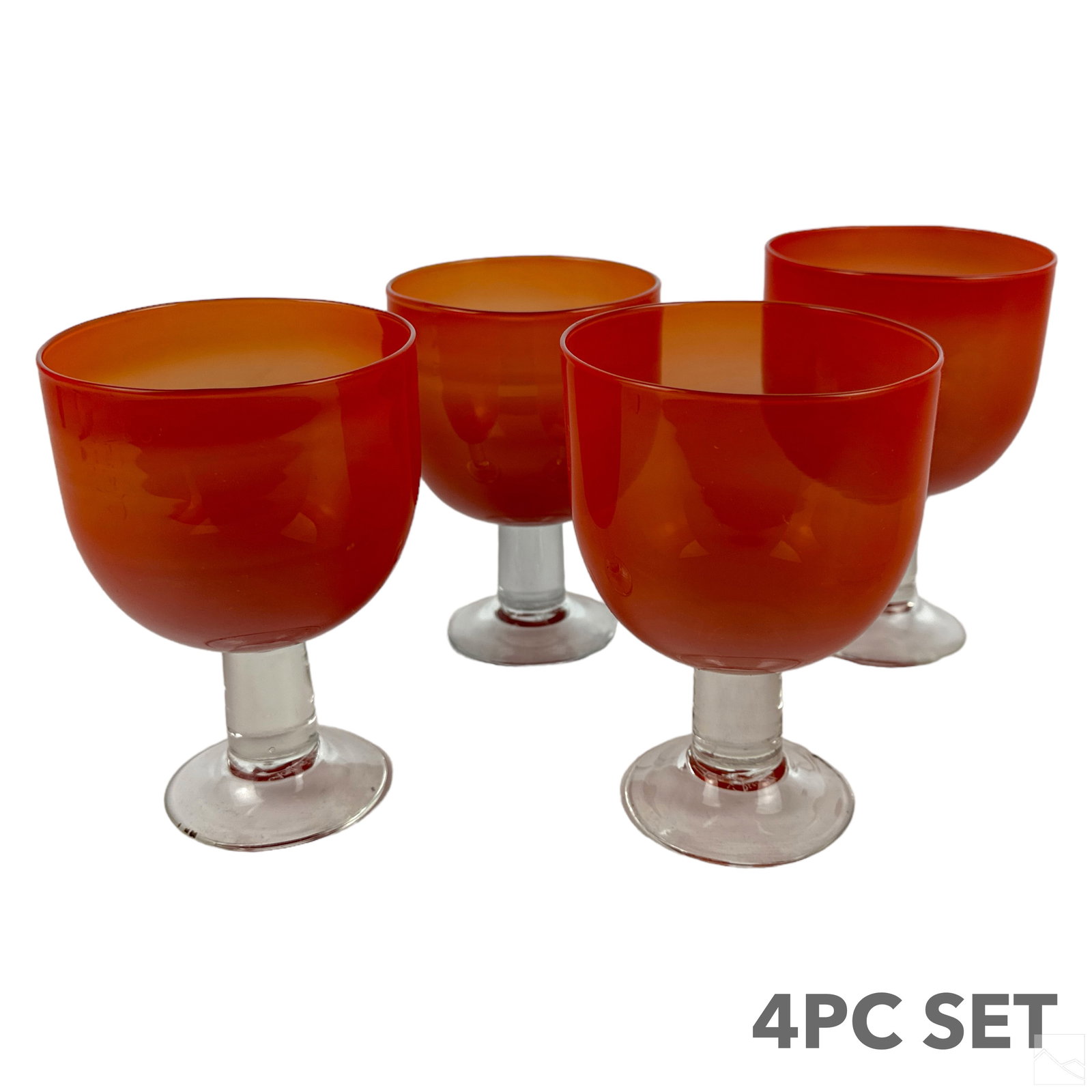 Tom Hart & Pia Sjolin Goblet Stemware Glasses SET: A set of four (4) studio art glass stemmed wine goblets by Tom Hart and Pia Sjolin. Mid Century Modern designs, produced circa 1970s. Hand crafted art glass, featuring clear stems with blush red bowls