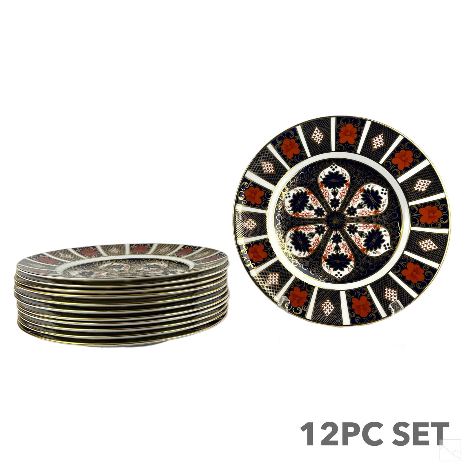 Royal Crown Derby Imari Bone China Plates 12pc SET: A 12 piece set of Royal Crown Derby English porcelain bone china dinner plates in the Imari pattern. Traditional royal blue and white ground design, embellished with gold and rust red floral patterns.