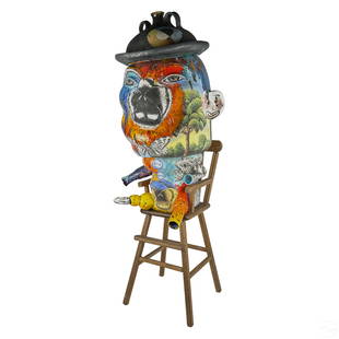 Michael Lucero b.1953 Anthropomorphic Jug Head: Michael Lucero (American, born 1953). An anthropomorphic jug head sculpture in wood chair, circa 1994. Featuring mixed media studio art pottery, wood, paint, and other elements. A colorful figural