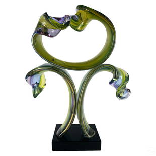 Italian Murano Renzo Vianello Art Glass Sculpture: A Murano Italian studio art glass sculpture by Renzo Vianello (Italian, born 1948). A Modernist work in green and lavender purple glass modeled in abstract designs evoking crashing waves. Etched