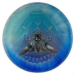 Amalric Walter Pate de Verre Art Deco Glass Plate: A French Art Deco pate de verre crystal dish tray by Victor Amalric Walter (1870-1959). A round art glass dish in blue and green hues, featuring a geometric Moderne design, with a raised relief moth