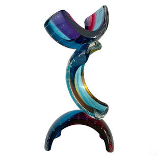 Leon Applebaum b.1945 Modern Art Glass Sculpture: Leon Applebaum (American, born 1945). An original studio art glass sculpture. A Modernist design featuring a series of arc or bridge forms in a palette of red, purple, and green glass, with submerged