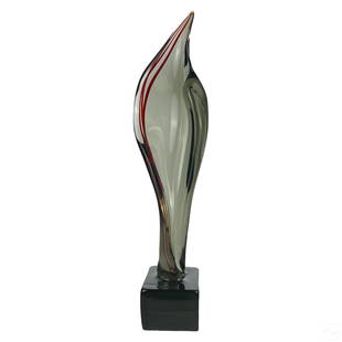 Luciano Gaspari Salviati Art Glass Flame Sculpture: A Murano Italian studio art glass statue, produced circa 20th Century by Luciano Gaspari for Salviati & Co. (Venice). A Modernist work in dark smoky and red glass in a flame form. Etched to underside