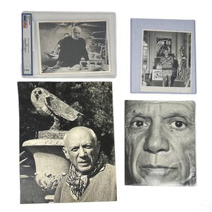 Pablo Picasso Portrait Photos by Gene Fenn & MORE: An estate lot of four (4) vintage black and white portrait photos of Pablo Picasso (Spanish, 1881-1973). Includes: two (2) original gelatin prints by American photographer and artist Gene Fenn (1911-2