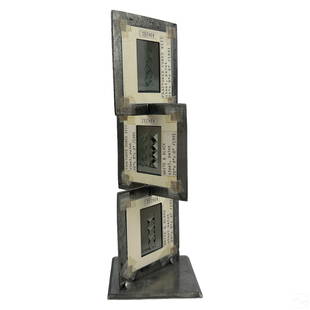 Peter Zecher b.1945 Modernist Industrial Triptych: Peter Zecher (American, born 1945). An original mixed media triptych sculpture. Steel, paper, paint, film cel material. A artwork comprised of three individual works, each produced 1991, modeled from