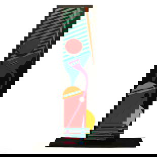 Banye 20C. Postmodern Abstract Monolith Sculpture: Banye (American, 20th Century). A Postmodernist mixed media art sculpture. A colorful three dimensional abstract monolith work produced on a black vertical rectangular form with geometric shapes.