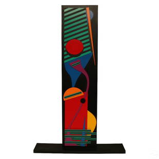 Banye 20C. Postmodern Abstract Monolith Sculpture: Banye (American, 20th Century). A Postmodernist mixed media art sculpture. A colorful three dimensional abstract monolith work produced on a black vertical rectangular form with geometric shapes.