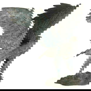 Bronze Life Size 57" American Bald Eagle Sculpture: A monumental life like bronze American bald eagle garden statue. A patriotic work modeled with outstretched wings, and presented on a landscape form base. Well cast and heavy, with realistic detail