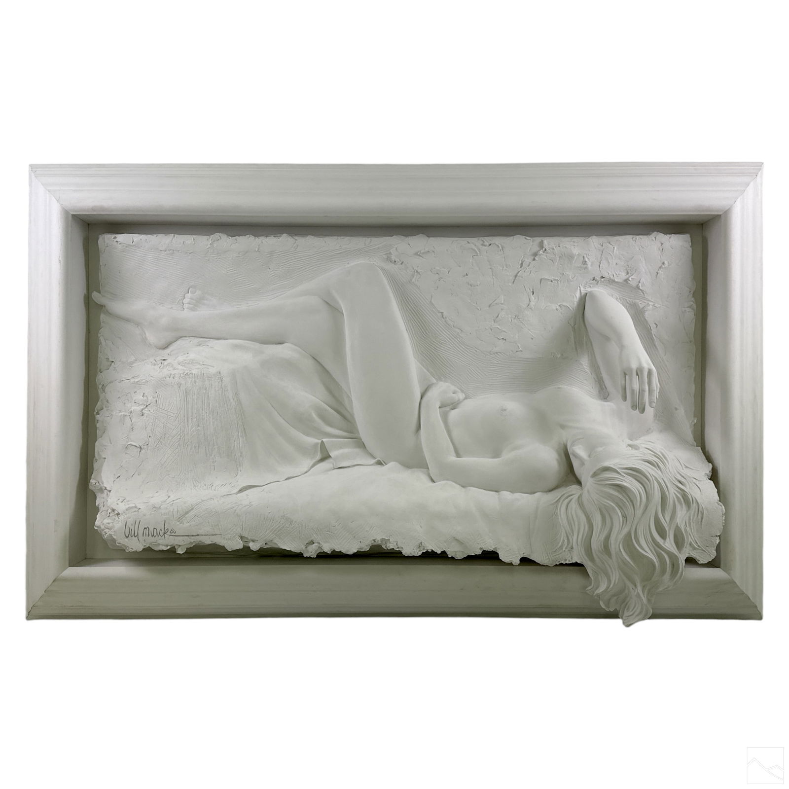 Bill Mack b.1944 Female Nude Rhapsody Sculpture: Bill Mack (American, Born 1944). A retro limited edition bonded composition relief wall sculpture. Titled; Rhapsody, circa 1993. A three dimensional high raised bas relief work depicting a recumbent l
