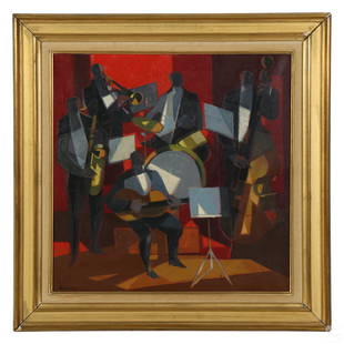 Camille Hilaire 1916-2004 Jazz Cubist Oil Painting: Camille Hilaire (French, 1916-2004). An original oil painting on canvas. Titled "Jazz.". Produced in the modern Cubist style. A figural group depicting jazz musicians, including a bass player, guitar