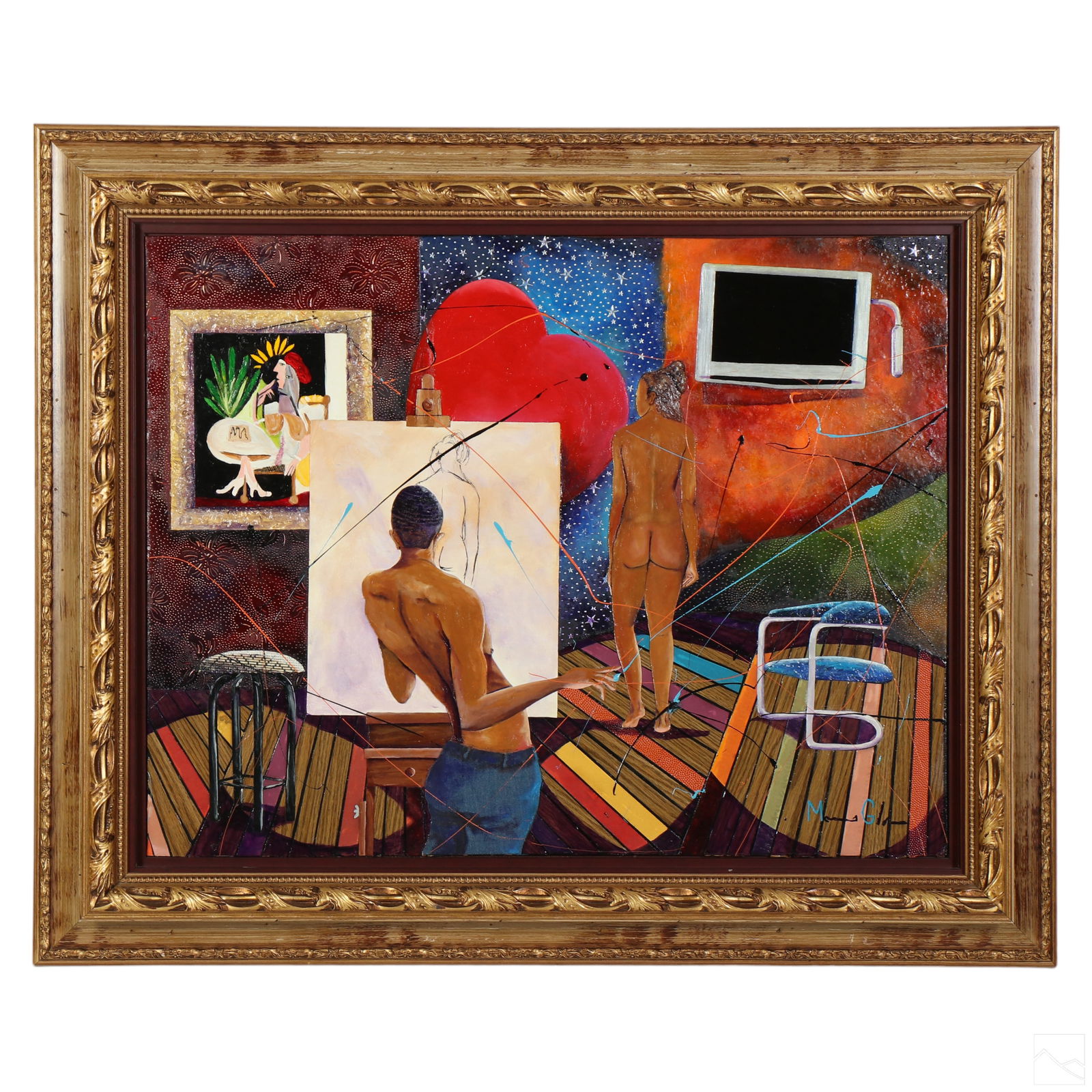Marcus Glenn b.1968 Nude Mixed Media Oil Painting: Marcus Glenn (American, Born 1968). An original mixed media painting with relief and collage on board. Pigment, paper, and other elements. Titled, "The Artist and His Model," produced 2005. A figural