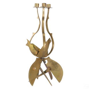 Arman 1928-2005 Bronze Violin Candelabra Sculpture: Arman (Armand Fernandez) (French American, 1928-2005). A limited edition bronze sculpted candelabra. An abstract work featuring polished bronze violin pieces creating a three armed candlestick holder.