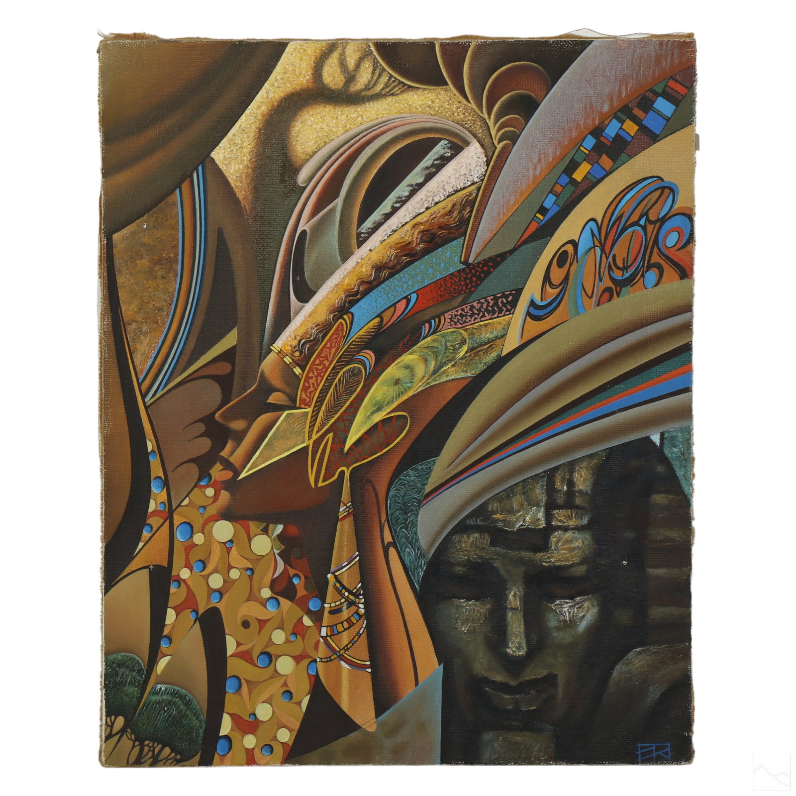 Oleg Lipchenko b.1957 Abstract Nefertiti Painting: Oleg Lipchenko (Ukrainian, born 1957). An original oil painting on canvas. Titled, "Nefertiti", produced 2010. A figural work painted in a modern abstract style, depicting the Egyptian Queen, with geo