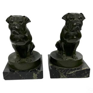 Max Le Verrier French Bronze Dog Bulldog Bookends: Max Le Verrier (Artus) (Louis Octave Maxime Le Verrier (1891-1973). A pair of vintage bronze French Art Deco style bookends. Features an green finish, and each are mounted to a fine marble square base