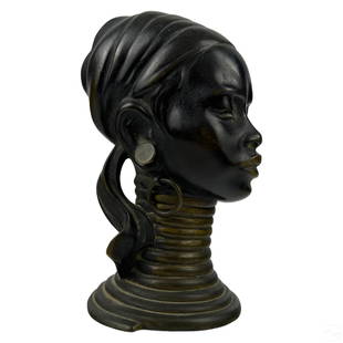 Richard Rohac 1906-1956 Bronze Female African Bust: A vintage Art Deco style bronze sculpture by Richard Rohac (Austrian, 1906-1956). A figural bust of female African with a suspended tribal hoop earring. Seemingly inspired by the African bronze works