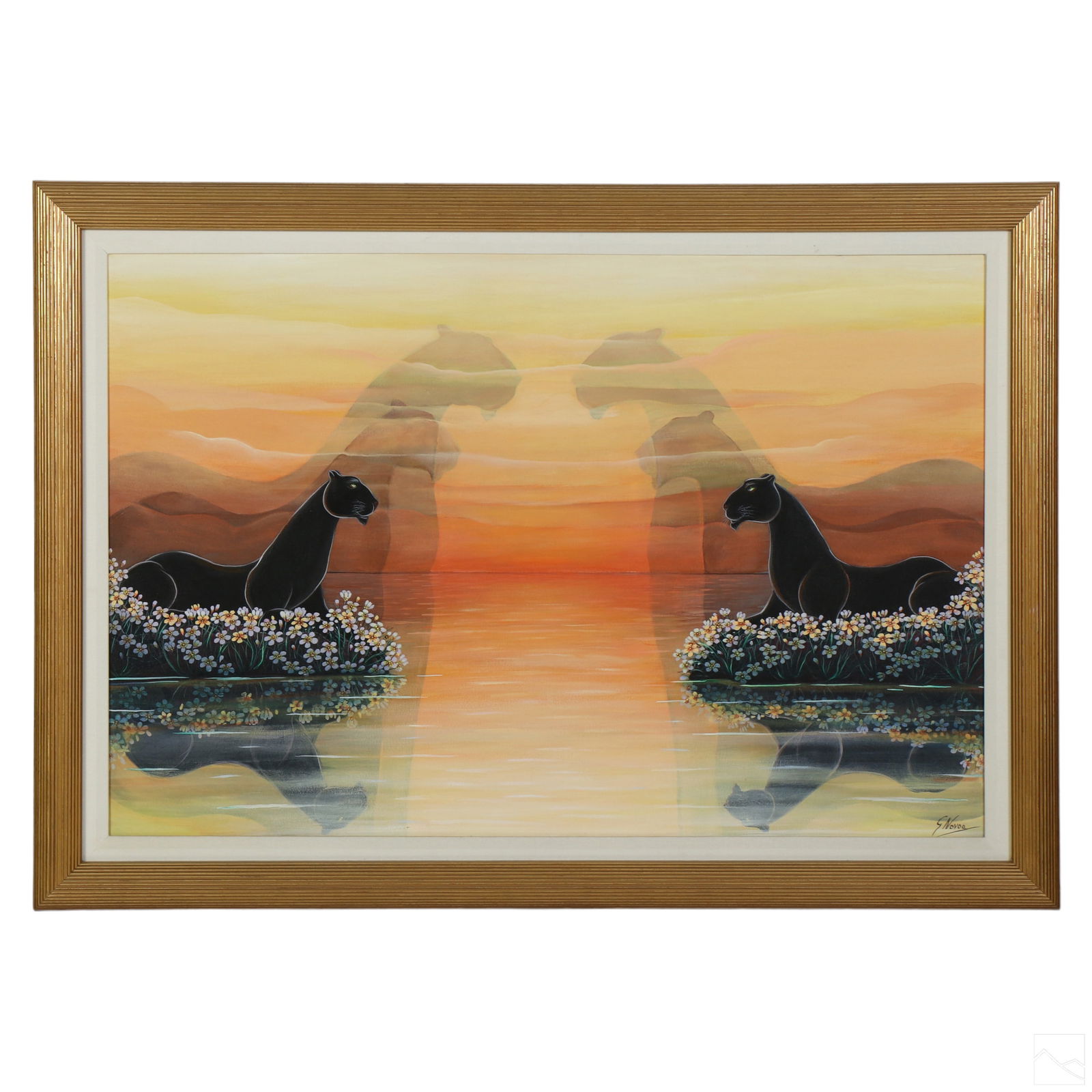 Gustavo Novoa b.1941 Black Panther Lovers Painting (1 of 8)