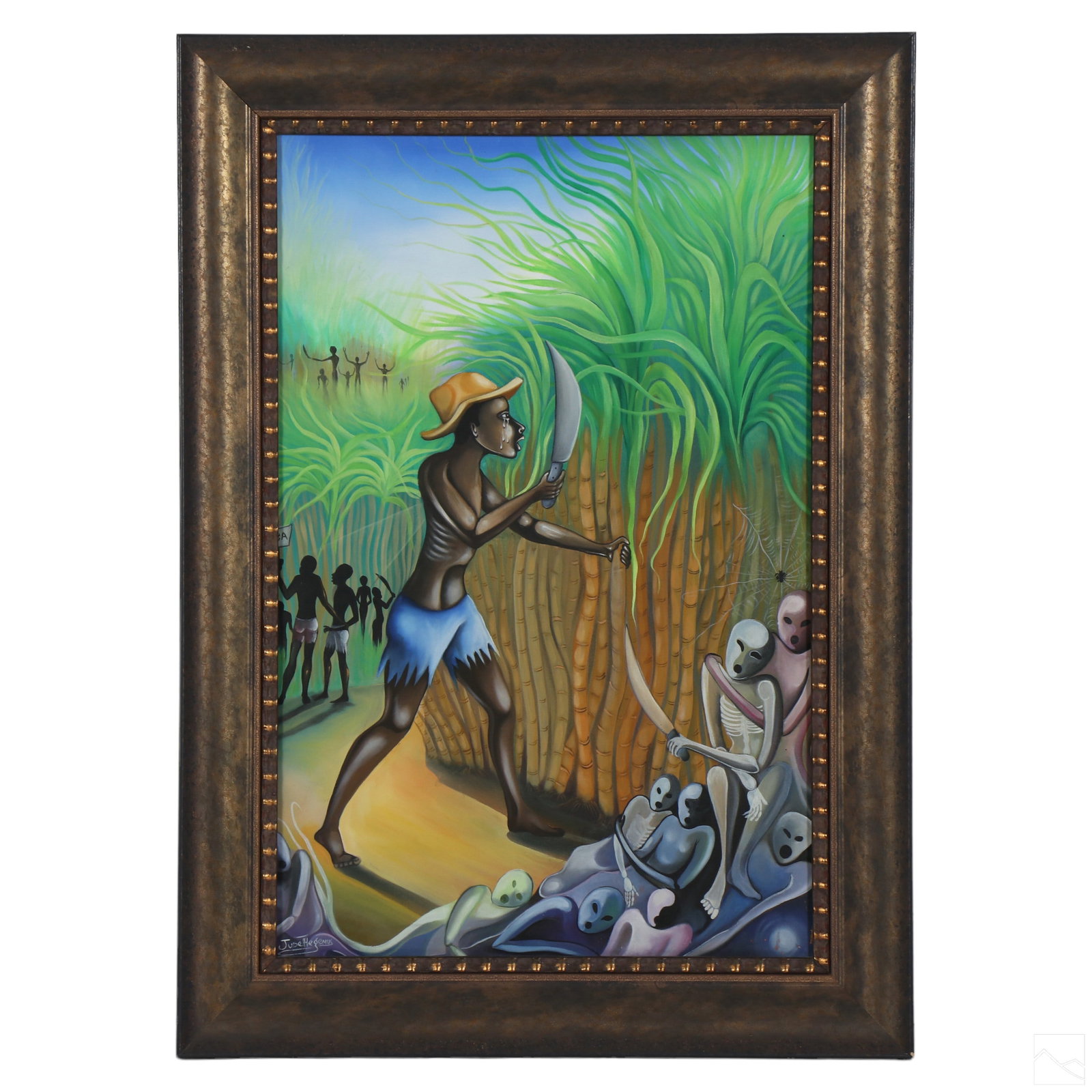Judet Hegenus Haitian Folk Art Macabre Painting: Judet Hegenus (Haitian, circa 20th Century). An original oil painting on canvas. A figural folk art landscape. Work depicting a farm worker among tall grass, and a profusion of ghost skeleton figures 